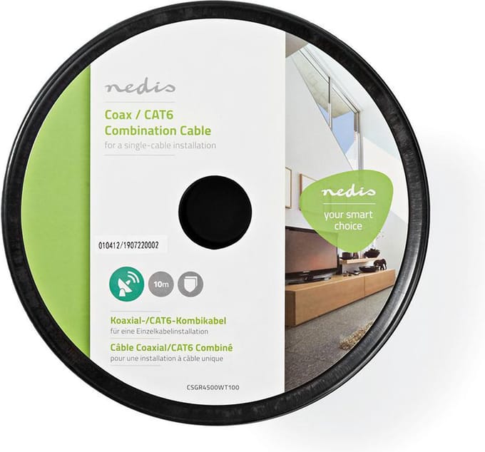 Nedis IEC (Coax) CAT6 Combikabel op rol - RG58 - 75 Ohm - Dubbel Afgeschermd - ECA - 10.0 m - Rond - Wit - Rol