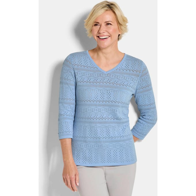 Lichte tricot pullover met ajourpatroon - lichtblauw - Gr. 52 van Goldner Fashion