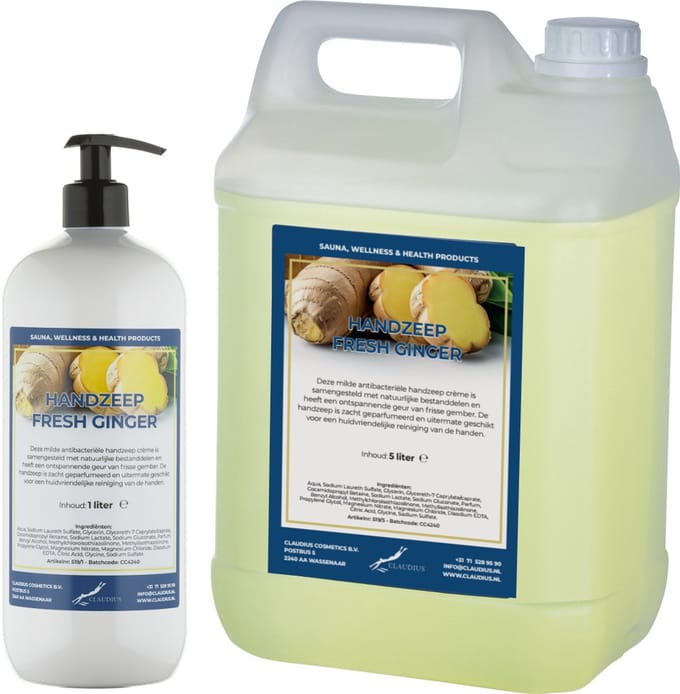 Handzeep Fresh Ginger 1 liter met gratis - met gratis pomp- hervulbaar + Jerrycan 5 liter navulling