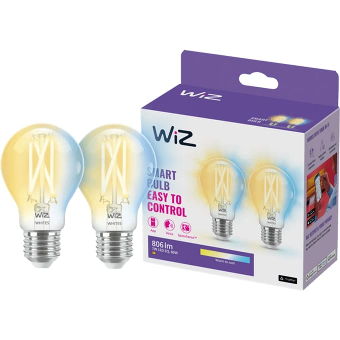 WiZ Filament Lamp 2-pack - Warm- tot Koelwit Licht - Slimme LED Verlichting - E27 fitting - 60W - Transparant - Wi-Fi