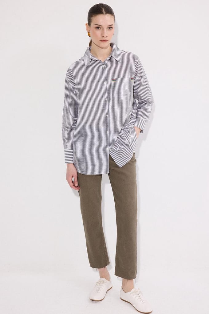 Touché Privé - Geborduurde gestreepte blouse - Grijs - Dames