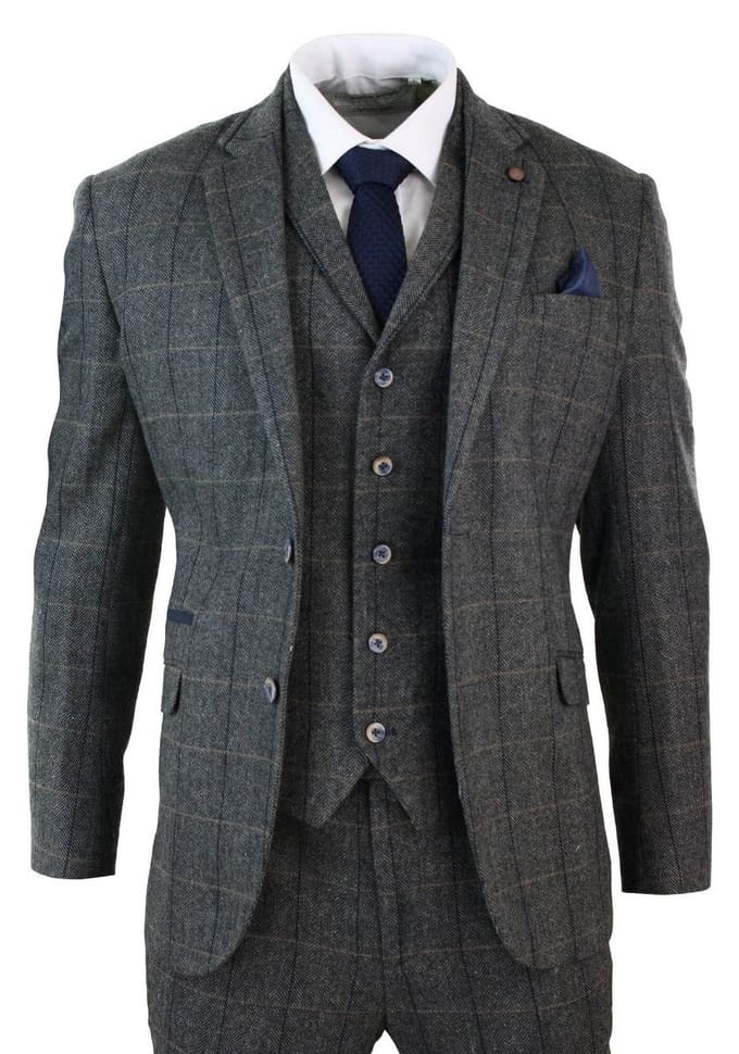 Heren 3-delig houtskoolgrijs geruit tweed visgraat vintage klassiek pak