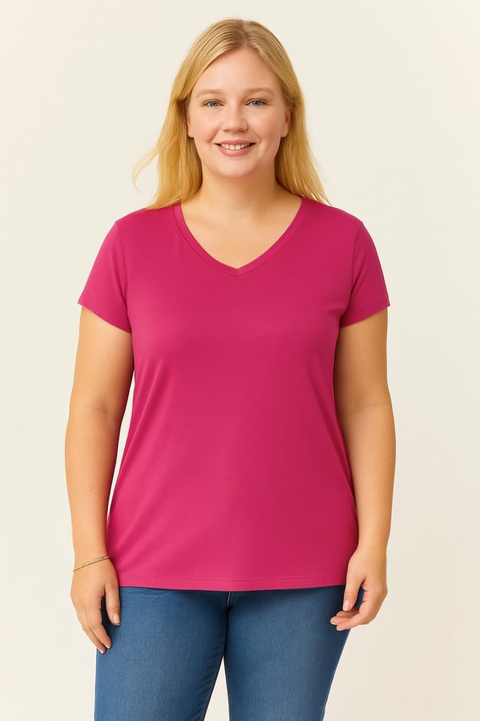 Dames Large V-Hals Basic Kortemouw T-Shirt, Fuchsia