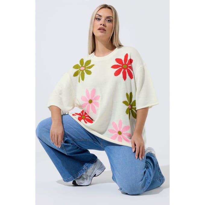 Limited Collection Witte Gebreide Boxy Top Met Bloemenprint Size 42-44