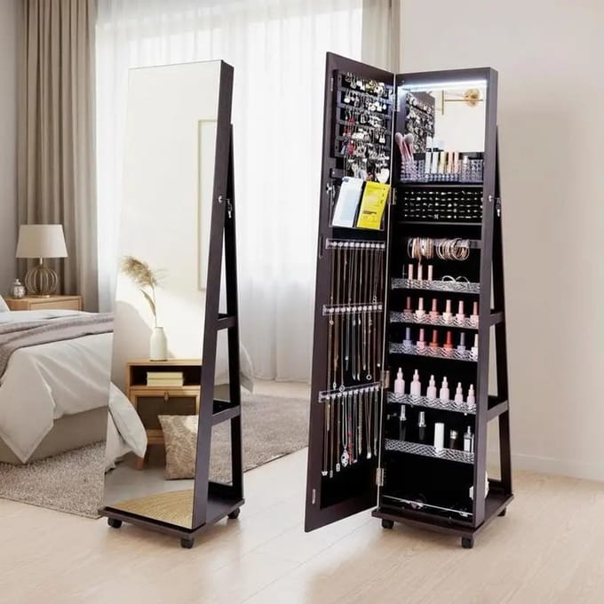 Dailygoods 64 inch afsluitbare sieradenkast met ingebouwde make-upspiegel - paars