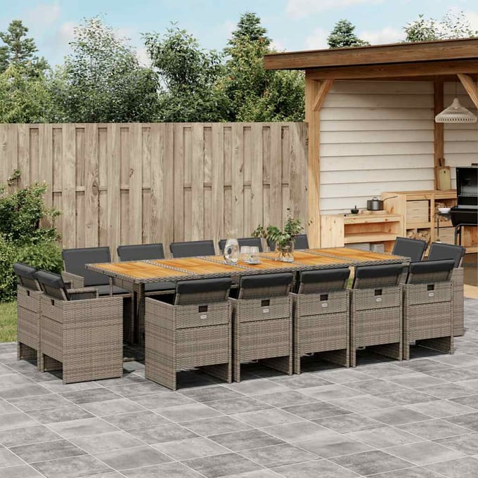 vidaXL - 15-delige - Tuinset - met - kussens - poly - rattan - grijs