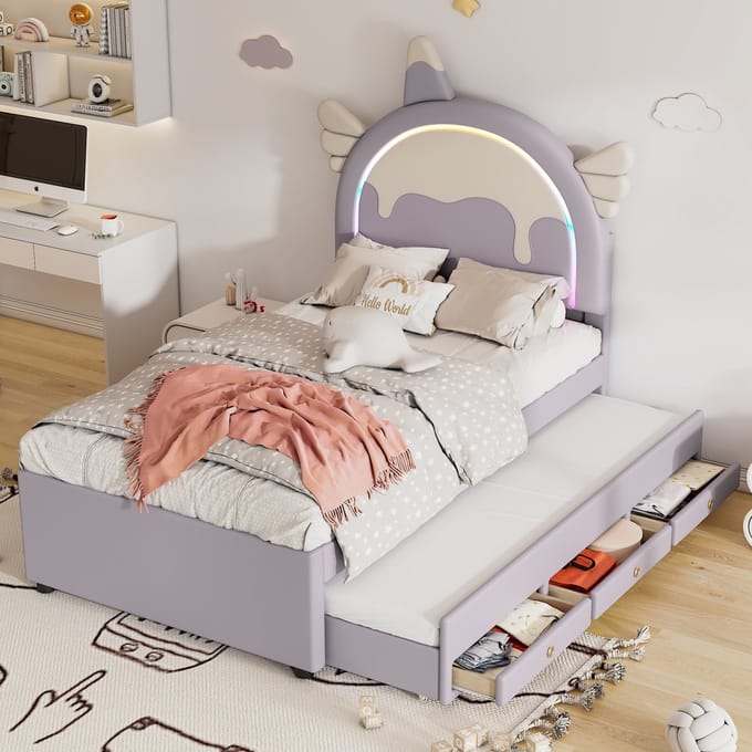 REDOM eenhoornbed 90x200 cm – Met uitschuifbed en laden – PU + MDF – Violet