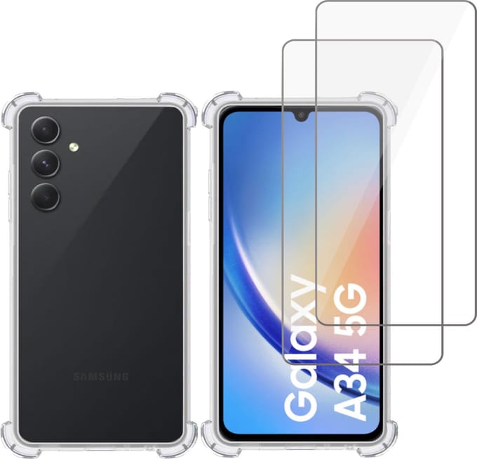 Hoesje geschikt voor Samsung A34 + 2x Screenprotector – Tempered Glass - Extreme Shock Case Transparant