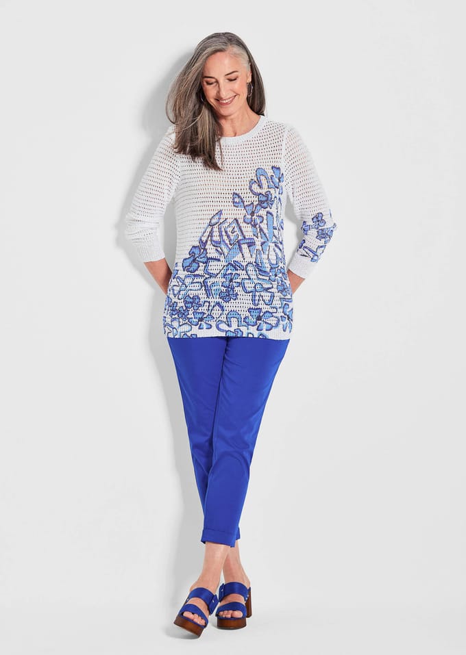 Ajour pullover met print - wit / gedess. - Gr. 42 van Goldner Fashion