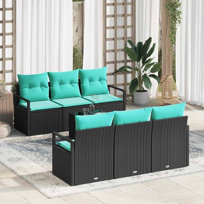 vidaXL Bankstel 7 st 6-zits Zwart en Turquoise poly rattan