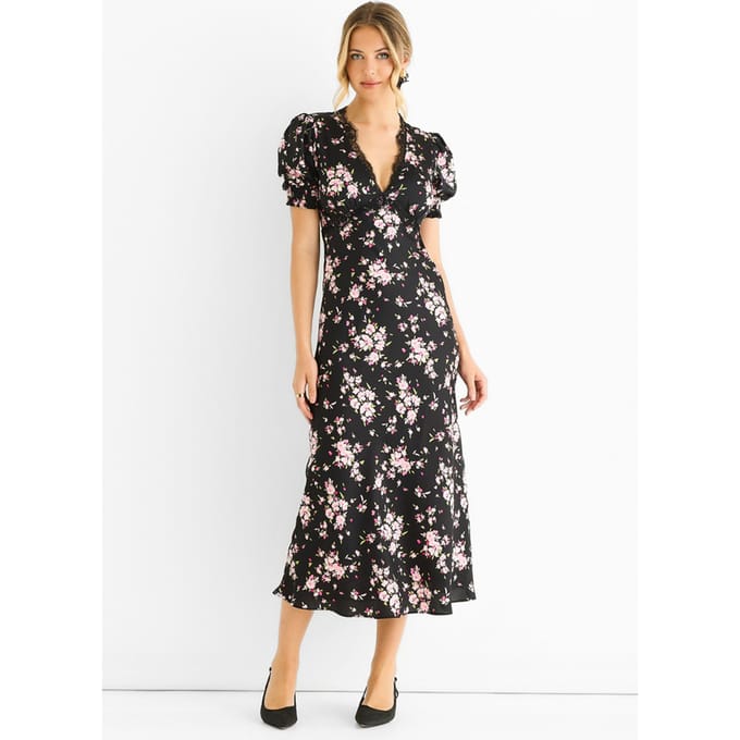 Zwarte midi-jurk met bloemenkant en schuine zoom