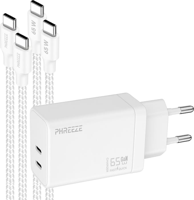 Phreeze GaN charger 65 W - Usb C laptop oplader met 2 usb C kabels - Power Delivery dual port adapter