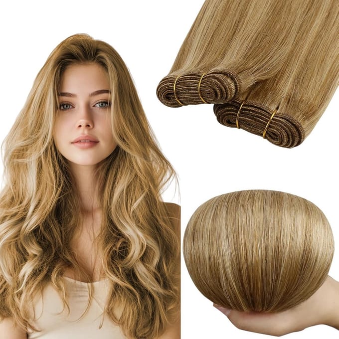 Weft Haarverlenging 100 Gram Donkerblond/Goudblond Strepen 40 cm Menselijk Haar