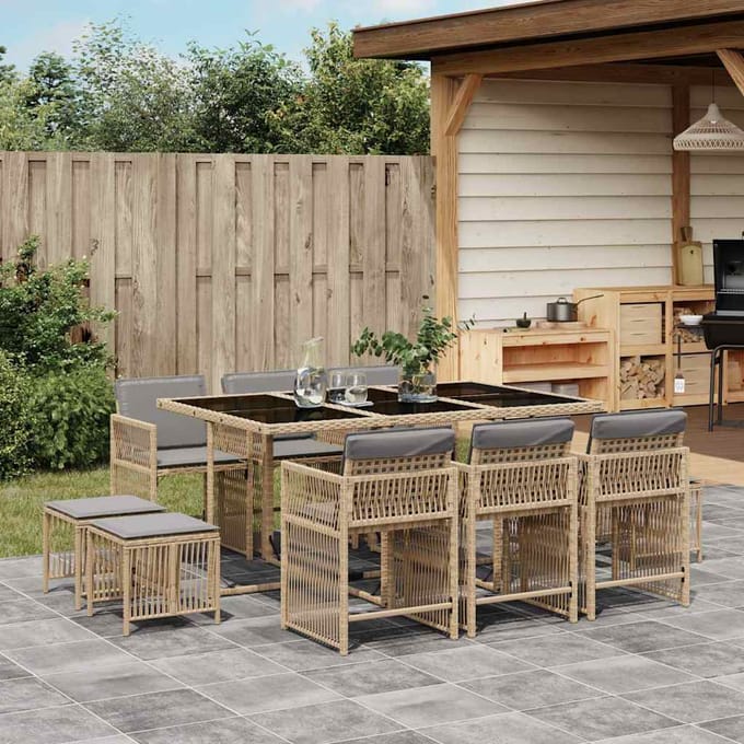 vidaXL - 11-delige - Tuinset - met - kussens - poly - rattan - gemengd - beige