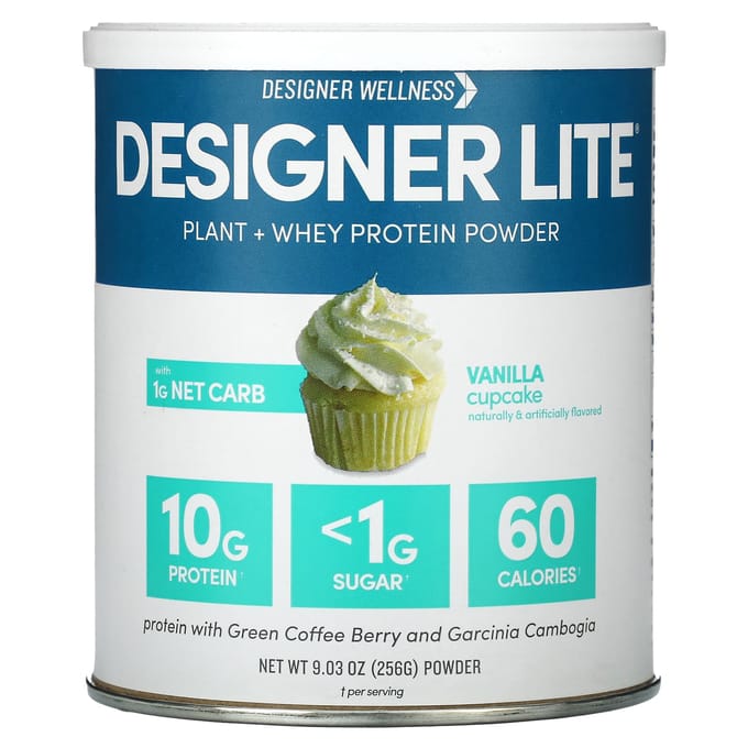 Designer Wellness, Designer Lite, Plantaardig + Wei-eiwitpoeder, Vanille Cupcake, 255 gram (256 gr)