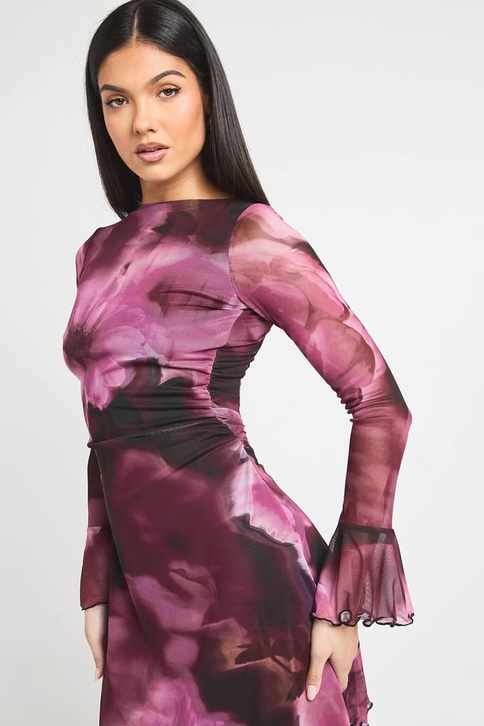 boohoo Dames Lange Bloemen A-Lijn Mesh Mini Jurk | Burgundy | Maat: 8