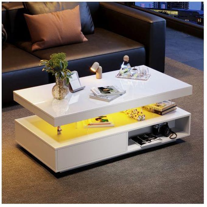 Table basse - MUVOE - 95x50x42,5 cm - 4 plateaux en verre - 2 tiroirs - Blanc brillant blanc