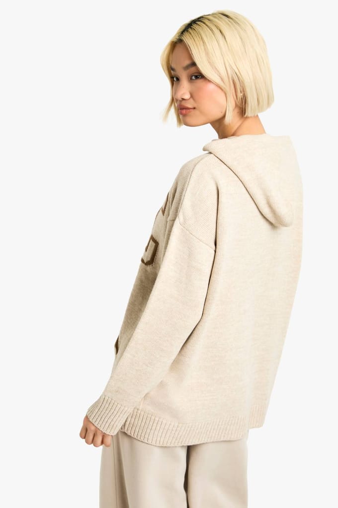 boohoo Dames NYC Gebreide Hoodie met capuchon | Stone | Maat: Small