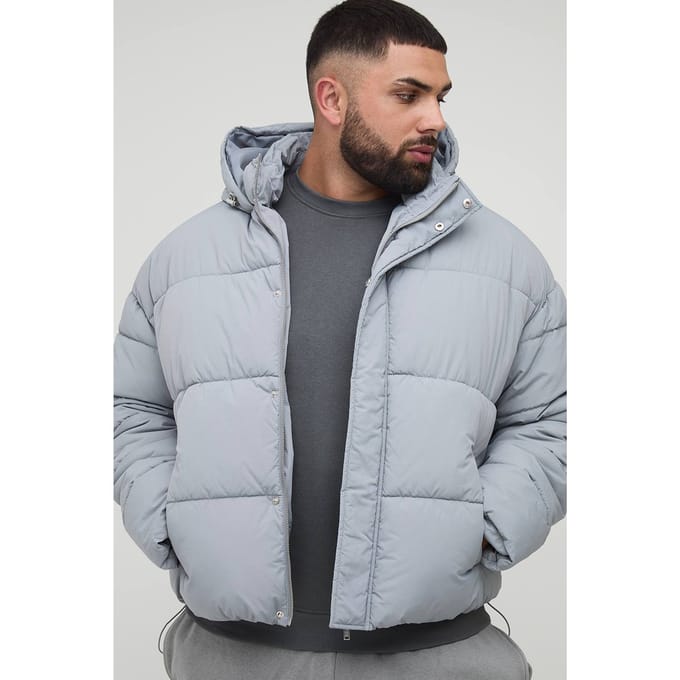 Plus Boxy Gerimpelde Nylon Puffer in Lichtgrijs | Light Grey | Size 2XL