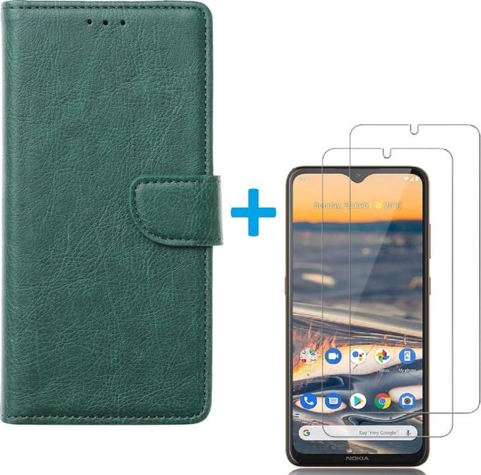Bookcase Geschikt voor: Nokia 1.3 - Groen - portemonnee hoesje met 2 stuks Glas Screen protector