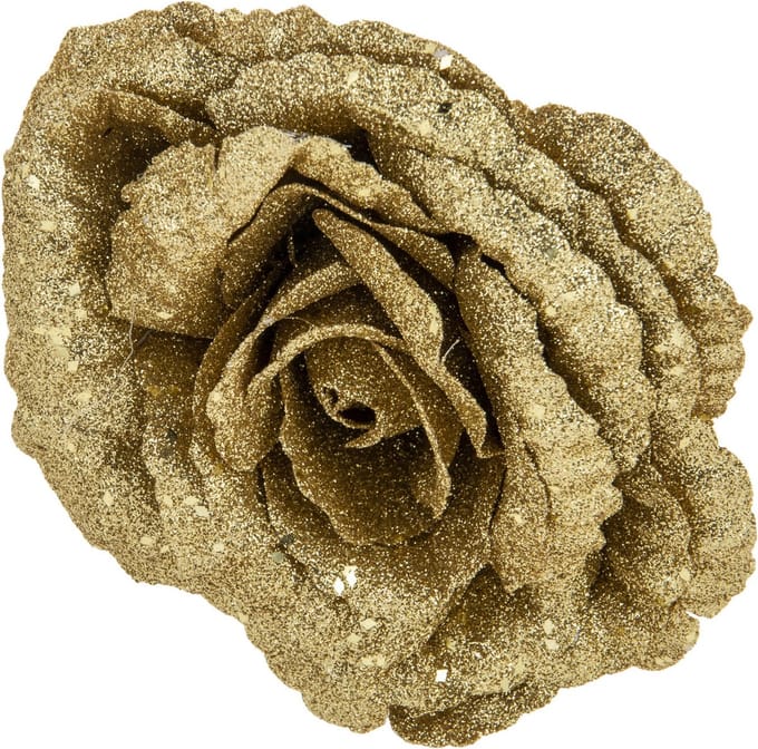 Cosy & Trendy Roos op clip - goud glitter - 18 cm - decoratiebloem - kerstversiering