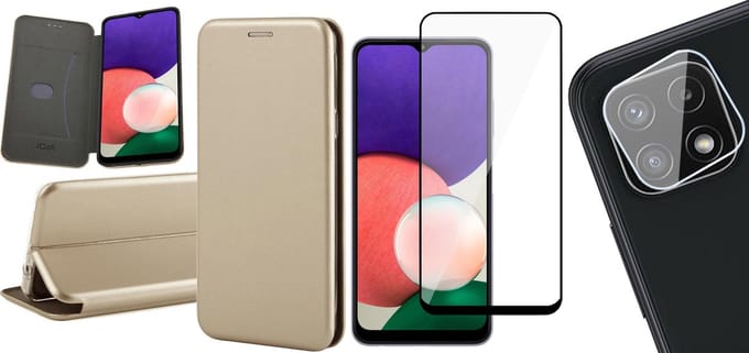 Hoesje geschikt voor Samsung Galaxy A22 5G - Bookcase Goud - Full Screenprotector - Camera Screen Protector - Wallet Hoesje