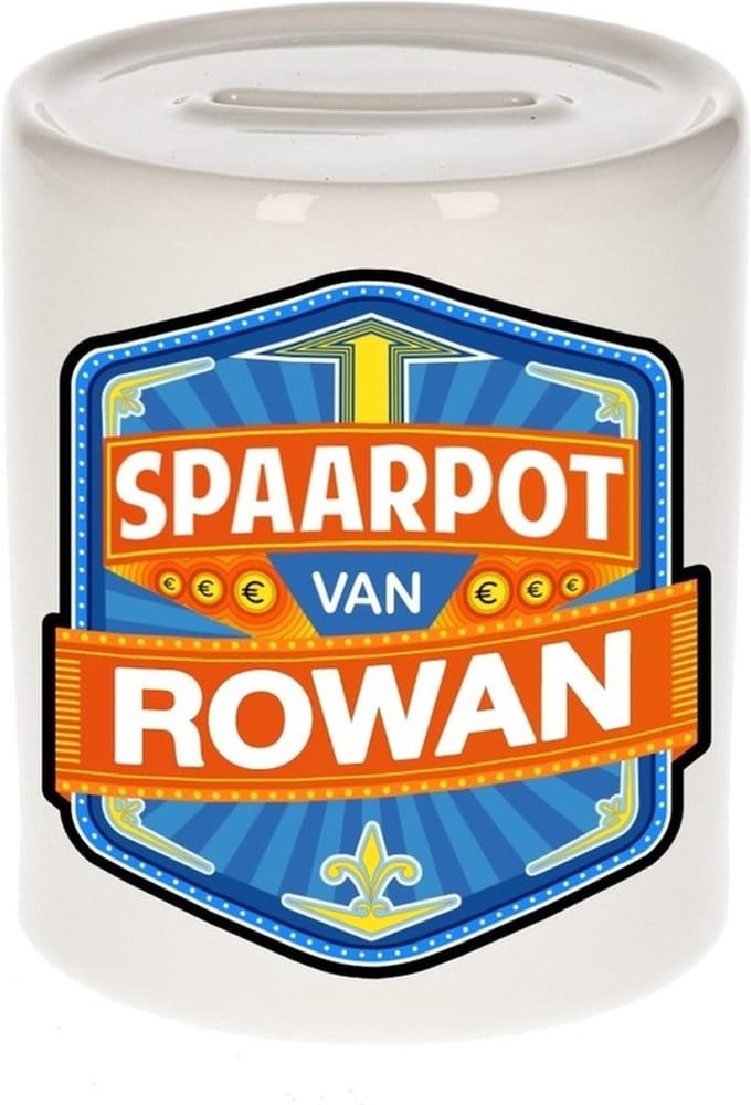 Bellatio Decorations Kinder spaarpot met naam - Rowan - keramiek - met dop - wit - Sparen - Spaargeld van Rowan