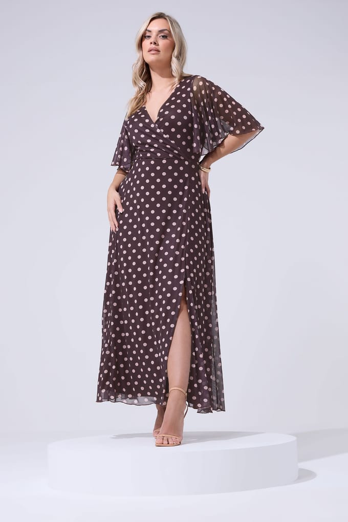 Yours London Chocoladebruinroze Wikkeljurk Met Stippen Size Regular > 46