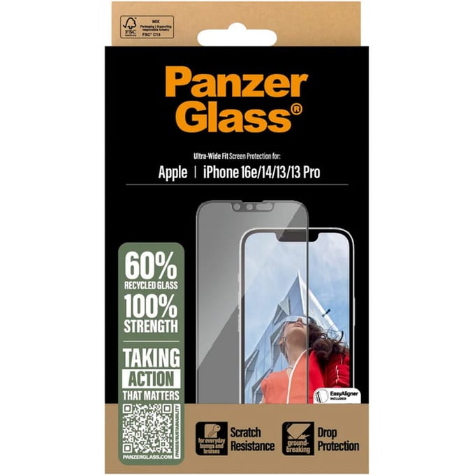 PanzerGlass Ultra-Wide Fit PGRNUWFG29845-PG Screenprotector (glas) Apple iPhone 13., iPhone 13 Pro, iPhone 14., iPhone 16e 1 stuk(s) Antibacterieel,