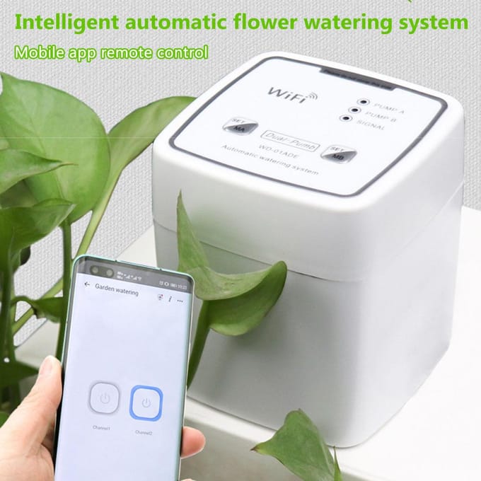 Système d'arrosage intelligent à double pompe Wi-Fi, minuterie d'arrosage automatique intelligente, arrosage télécommandé Pump 20 pot UK white