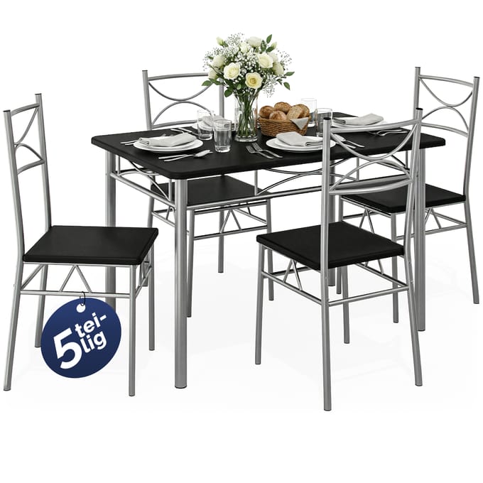 Casaria Eettafel Set 5 delige -Eettafel + 4 stoelen - Zwart