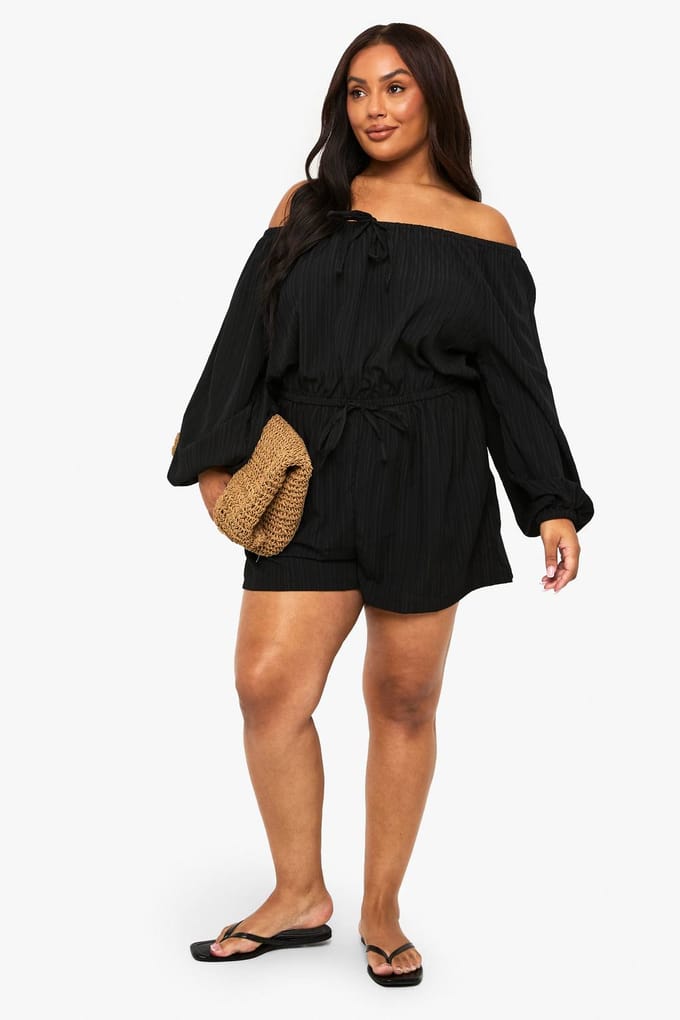 boohoo Dames Plus Getextureerde Cheesecloth Off Shoulder Playsuit | Zwart | Maat: 52