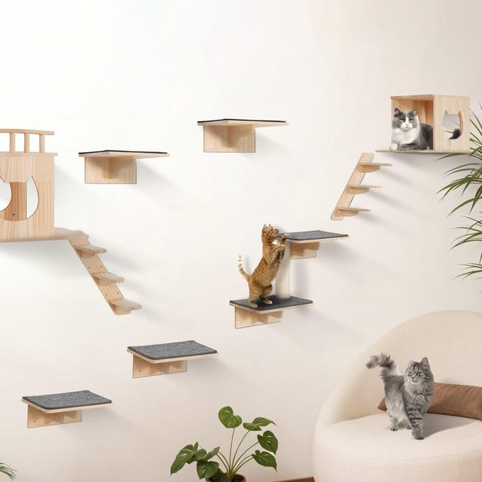 Wandgemonteerde Kattenplanken Boom met Springplanken Nesten Hangmat Set van 9
