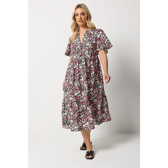 Yours Zwarte Jurk Met Bloemenprint En Plooien Size 48