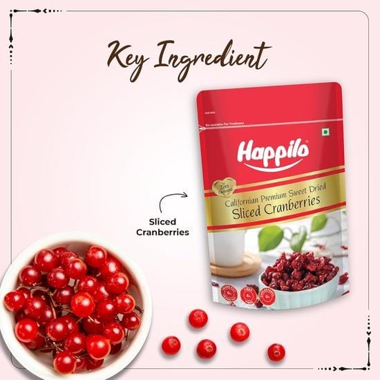 Canneberges californiennes séchées et sucrées en tranches de qualité supérieure Happilo, 200 g red