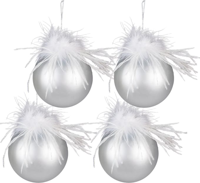 Clayre & Eef Kerstbal Set van 4 Overig Ø 10 cm Zilverkleurig Wit Glas Kerstballen