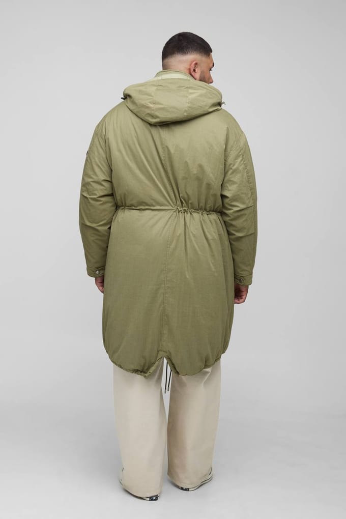 Plus Regular Fit parka-jas in geborsteld nylon met trechterkraag en middellange lengte | Khaki | Size 2XL