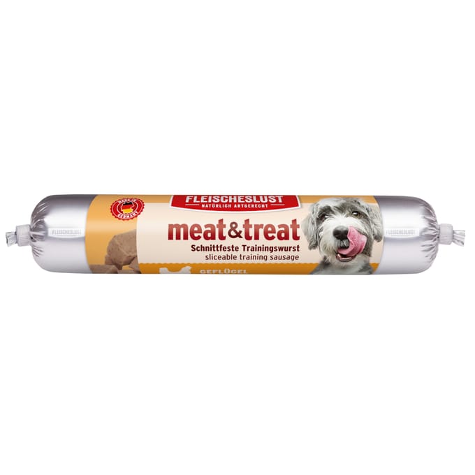 Trixie Hondenspeelgoed Gummibal met touwtje + Fleischeslust meat & treat trainingsworst gratis! - 1 Ball ca. Ø 6 cm, Kordel 30 cm lang + 80 g Gevogelte
