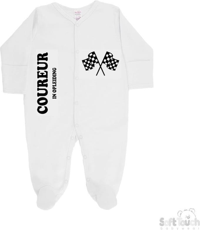 Soft Touch Boxpakje "Coureur in opleiding" Unisex Katoen Wit/zwart Maat 56/62