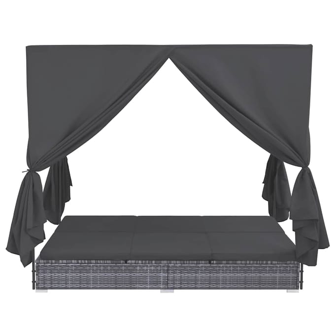 vidaXL - Loungebed - met - gordijnen - poly - rattan - grijs