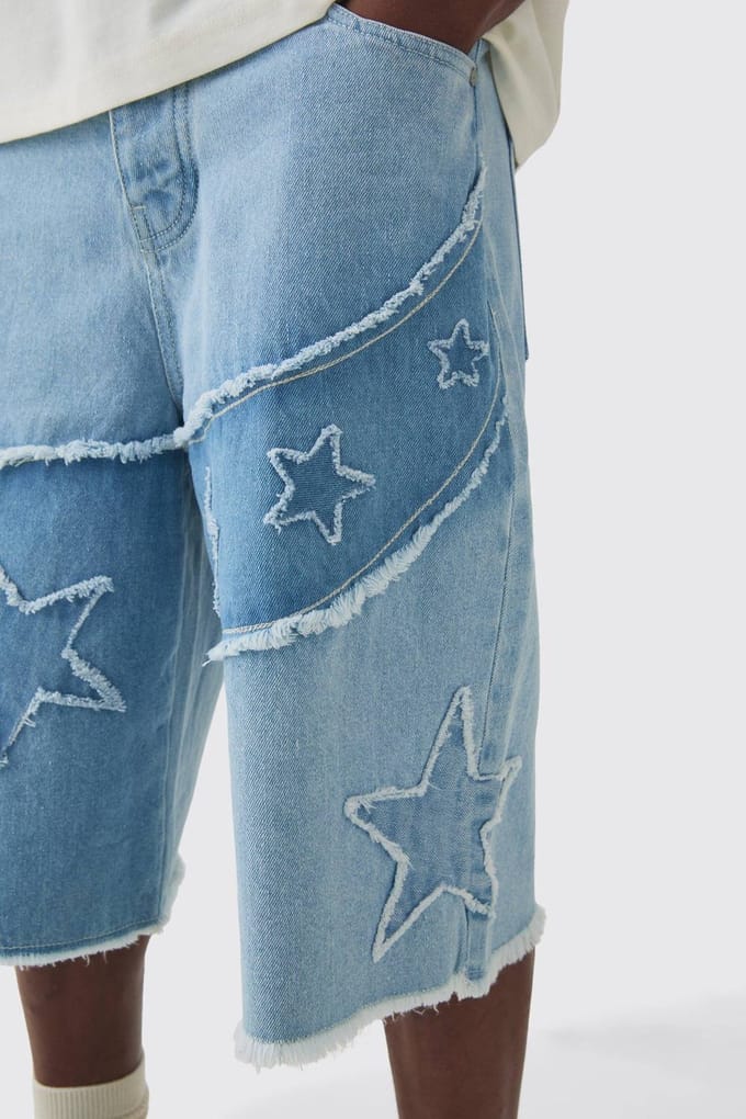 Reguliere Rigid Star Applique Denim Jorts in Ice Blue | Size 34