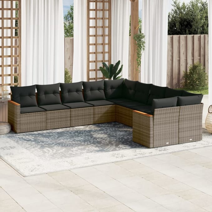 vidaXL - 10-delige - Loungeset - met - kussens - poly - rattan - grijs