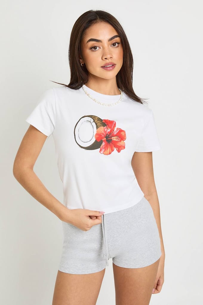 boohoo Dames Kokosnoot Print Baby Tee | Wit | Maat: Small
