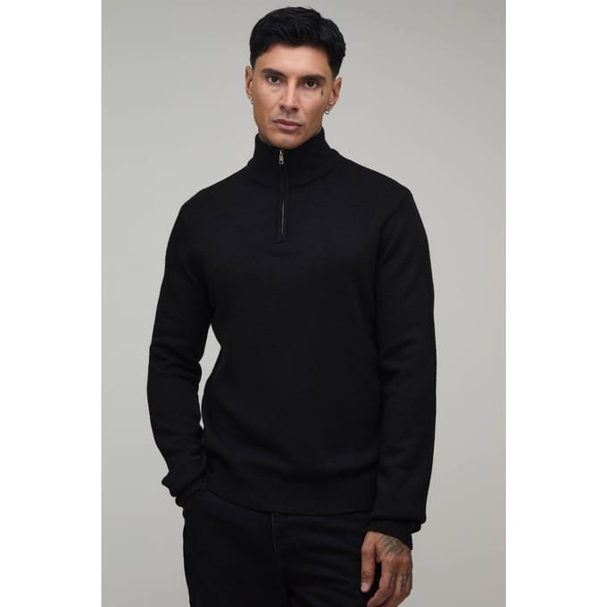 Tall Regular Fit 1/4 Rits Gebreide Trui | Black | Size Small