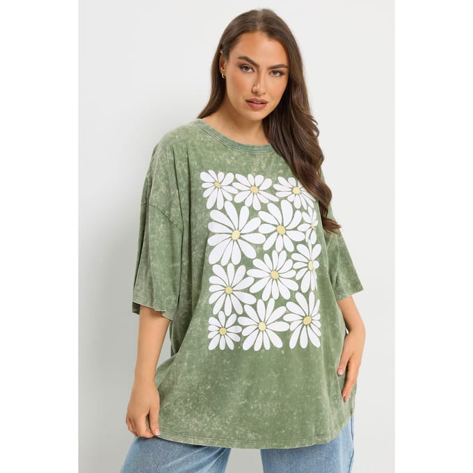 Yours Groen Zuurgewassen Boxy Daisyprint Tshirt Size 46