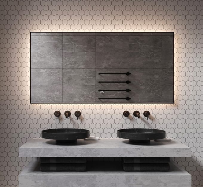 Schaere - Badkamerspiegel - Indirecte Verlichting - Spiegel Verwarming - Touch Sensor - Dimfunctie - Mat Zwart Frame - 140x70 cm