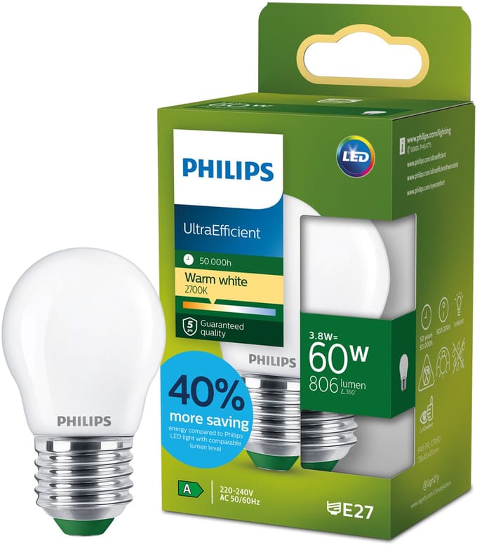 Philips UltraEfficient LED lamp - 60W - E27 fitting - Warmwit licht: 2700K - Mat glas - P45 kogellamp - Lange levensduur