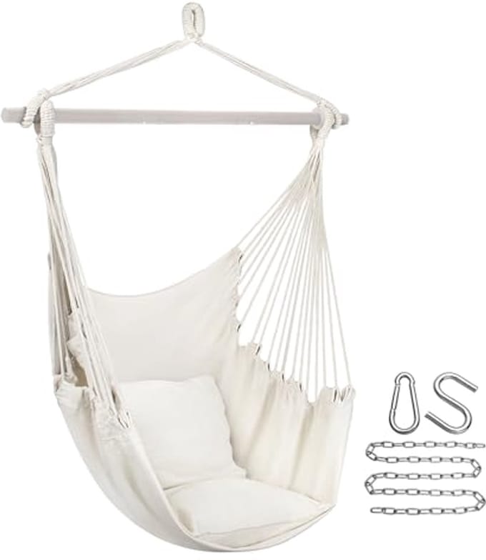 Hanging rocking chair - Comfortable cotton fabric - Portable indoor and outdoor use - Includes cushions