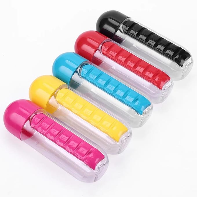 Bouteille d'eau en plastique pour sport, boîtes à pilules quotidiennes, capsules, tasse d'eau, organisateur de médicaments, bouteilles de boisson rouge