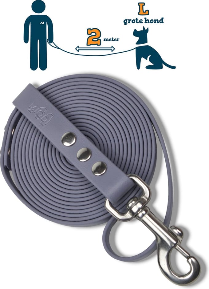 Miqdi hondenriem – BioThane® - grijs – 2meter lang – 19mm breed – L/XL - grote hond